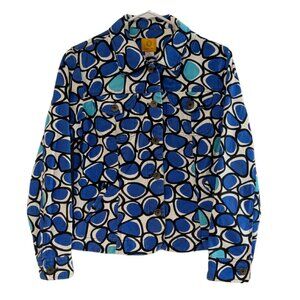 Ruby Rd. Women’s Denim Jacket Size 8, Geometric Blue White Black, 100% Cotton